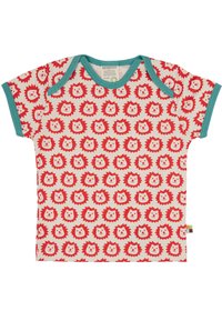 Korte mouwen katoenen shirt met een herhaald patroon van een rode leeuwenkop op een crèmekleurige achtergrond, met turquoise geribbelde halslijn en mouwranden.