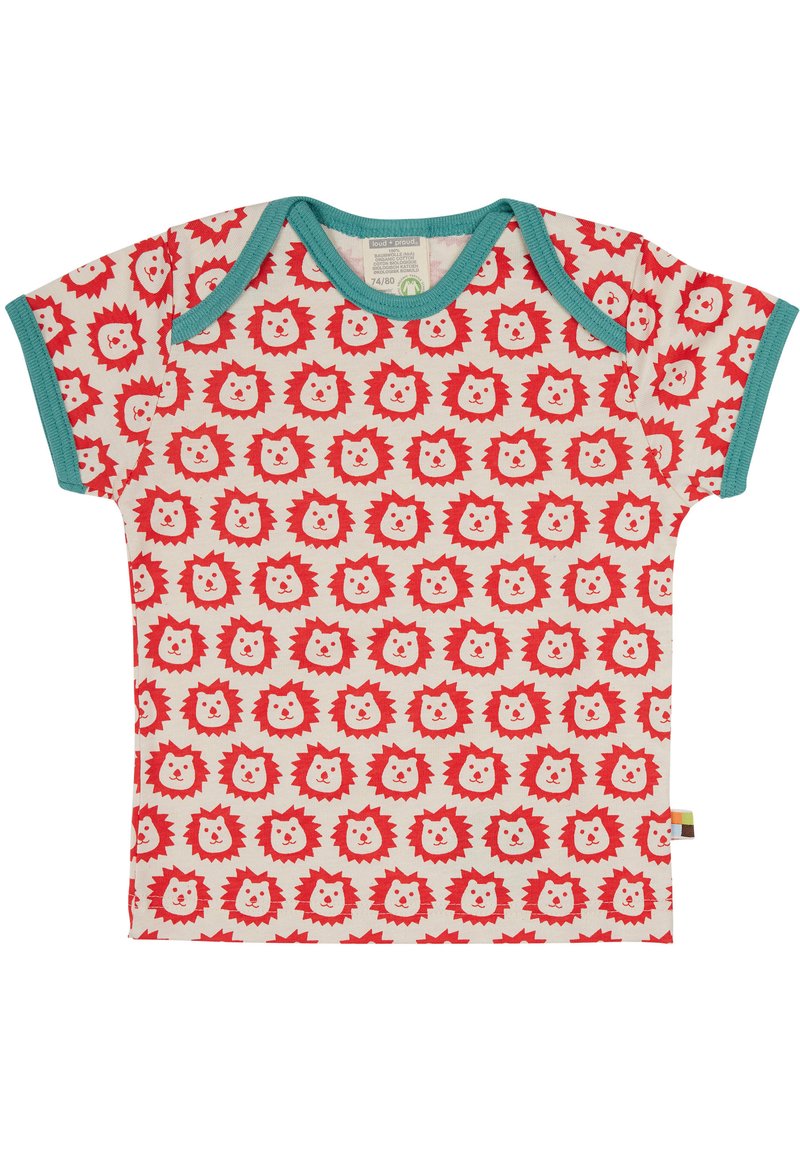 Korte mouwen katoenen shirt met een herhaald patroon van een rode leeuwenkop op een crèmekleurige achtergrond, met turquoise geribbelde halslijn en mouwranden.