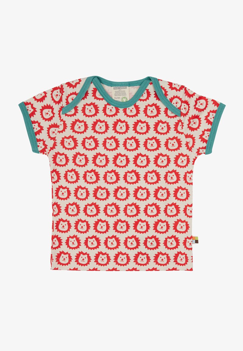 Kurzarm-Chemise aus Baumwolle mit einem wiederholten roten Löwenkopf-Muster auf einem cremefarbenen Hintergrund, mit türkisfarbenem geripptem Kragen und Ärmelabschlüssen.