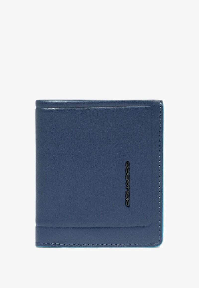 Cartera bifold de cuero azul con costuras mínimas y logo vertical negro en la esquina inferior derecha.