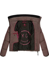 Brown puffer jacket with a black lining featuring pink accents. Interior displays a large logo and text stating "100% ANIMAL LOVER."
