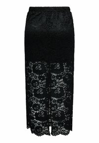 Falda midi negra de encaje con cintura elástica, con patrones florales y una parte inferior semitransparente. Texturizada con detalles intrincados.