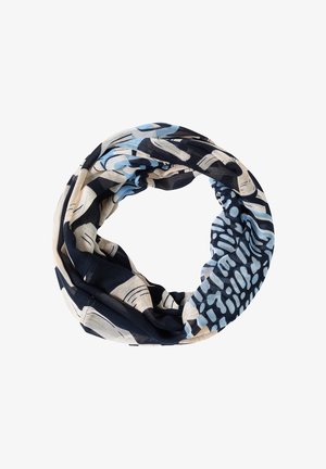 Kevyt kangasympyrähuivi, jossa on laivastonsinisen, kermanvärisen ja vaaleansinisen sekoitus abstrakteja kuvioita ja sileä pinta.