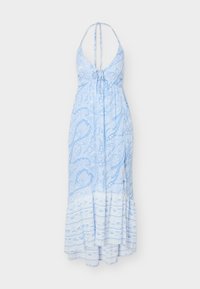 Φόρεμα μάξι σε ανοιχτό μπλε με halter neck, σχέδια πεϊσλεϊ και λουλουδιών, δέσιμο στο μπούστο και φαρδιά βάση με ριγέ σχεδιασμό.