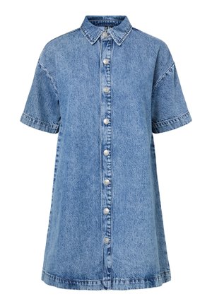Rochie cămașă din denim albastru cu mâneci scurte, guler ascuțit și un șir de nasturi argintii în față.