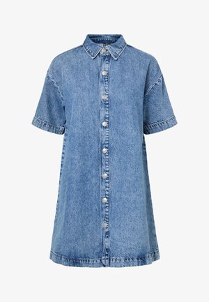 Sinine lühikeste varrukatega teksasärk-kleit terava kraega ja esiosas hõbedaste nuppudega.