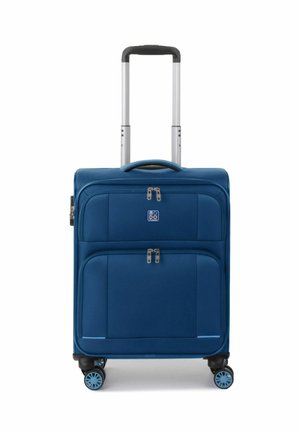 Valigia morbida blu con manico telescopico, tasche frontali, doppie zip e quattro ruote rotanti con dettagli blu.