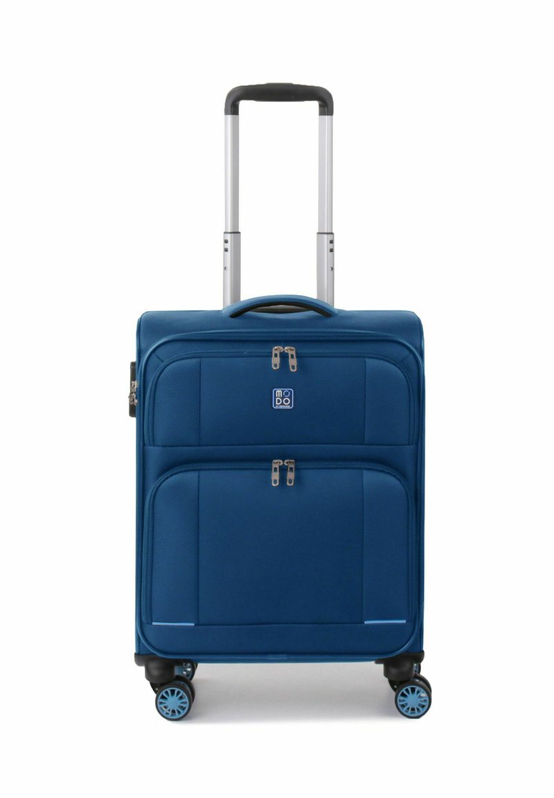 Valigia morbida blu con manico telescopico, tasche frontali, doppie zip e quattro ruote rotanti con dettagli blu.