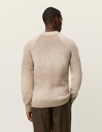 Beige neulottu villapaita, jossa on tekstuuripinta, raglan-hihat sekä ribbaus sekä hihoissa että helmassa, esitellään takaa mallin päällä, jolla on päällä ruskeat housut.