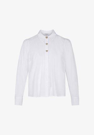 Hvid bluse med lange ærmer og spidse kraver, med tre hjerteformede knapper foran. Glat tekstur, letvægtsstof.