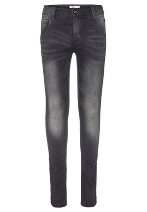Czarne jeansy typu slim-fit z wyblakłymi detalami na udach, przednich kieszeniach, szlufkami na pasek i zapinane na guzik w talii.