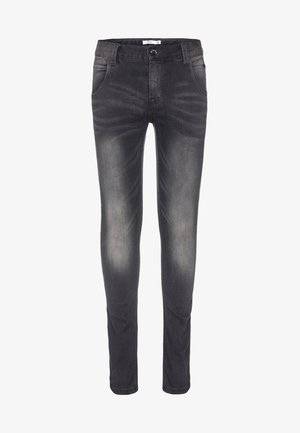Jean noir slim fit avec des détails délavés sur les cuisses, poches avant, passants de ceinture et fermeture par bouton à la taille.