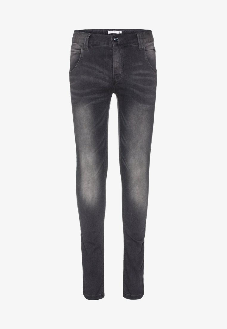 Jean noir slim fit avec des détails délavés sur les cuisses, poches avant, passants de ceinture et fermeture par bouton à la taille.