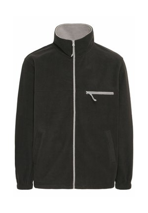 Chaqueta de forro polar en negro, con un cuello alto, cremallera gris y un bolsillo en el pecho con cremallera. Dos bolsillos laterales y puños elásticos.