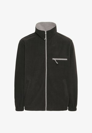 Veste en polaire noire, dotée d'un col haut, d'une fermeture éclair grise et d'une poche poitrine zippée. Deux poches latérales et des poignets élastiques.