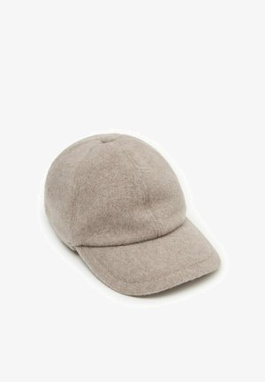 Szara wełniana czapka bejsbolowa z okrągłą koroną, miękką fakturą i wygiętą daszkiem. Posiada centralny guzik na czubku oraz przeszycia.