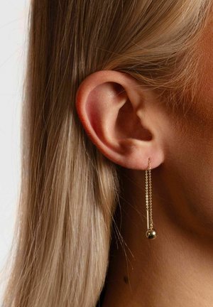 Close-up of a blonde ear wearing a thin gold chain earring with a small spherical gold charm at the end.