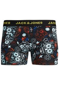 Boxers sur fond noir avec des motifs colorés de crânes et de fleurs. Taille élastique avec "JACK & JONES" en jaune.