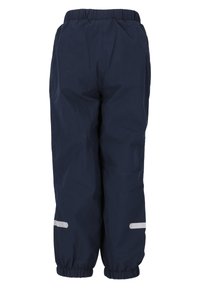 Marineblå vandafvisende bukser med elastisk talje, elastiske manchetter og reflekterende striber på siden for synlighed i svagt lys.
