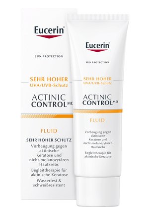 Eucerin Actinic Control MD fluid, white tube with a flip-top cap, features orange and black text on packaging, emphasizing high sun protection.