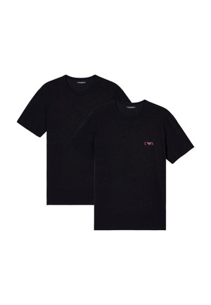 Black cotton t-shirts, short sleeves, crew neck, featuring a small pink logo on the chest. Two t-shirts stacked slightly askew.