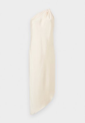 Asymmetrical cream one-shoulder dress with gathered detail at the shoulder and a diagonal hemline.