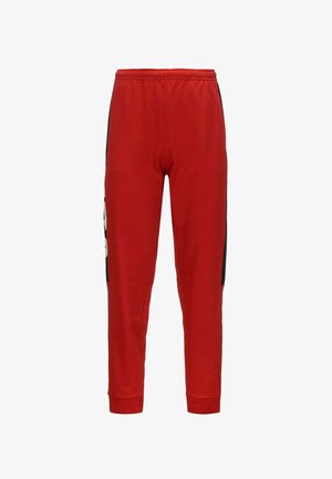 Pantaloni jogger rossi con vita elasticizzata, gambe affusolate e pannelli laterali neri con dettagli di testo bianchi.