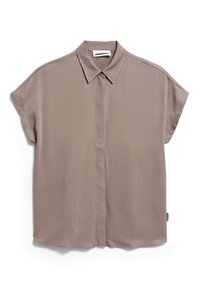 Kortärmad, ljusbrun skjorta i slätt tyg, med spetsig krage, framknäppning och rak fåll.