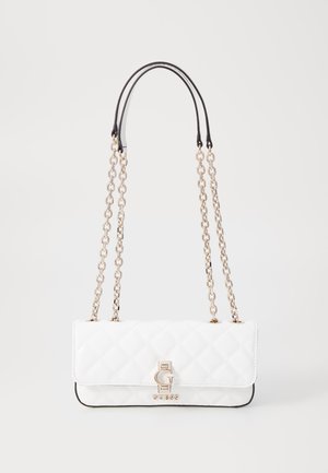 White quilted handbag with black trim, featuring a gold chain strap and logo hardware on the front. Smooth texture, rectangular shape.