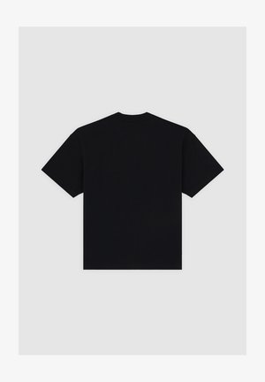 Schwarzes Baumwoll-T-Shirt mit kurzen Ärmeln, Rundhalsausschnitt und lockerem Sitz. Der Stoff wirkt glatt und einfarbig ohne sichtbare Muster oder Designs.