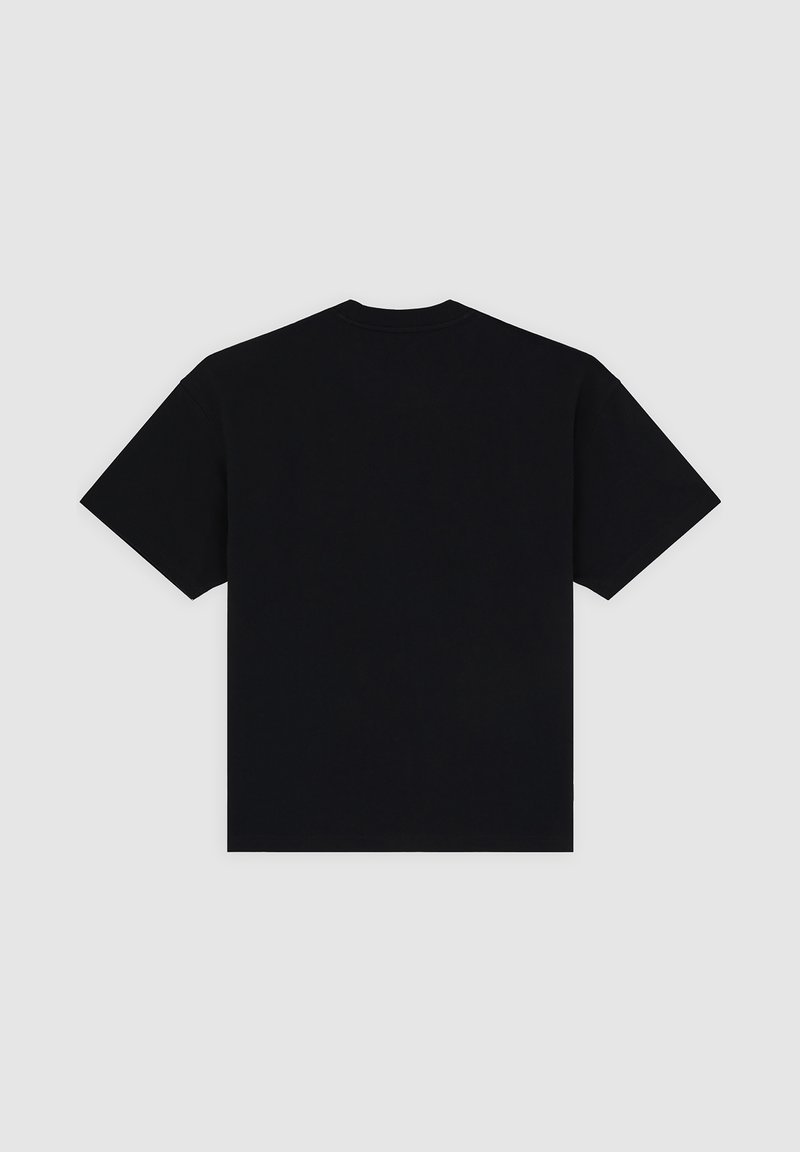 Black cotton t-shirt with short sleeves, round neck, and a relaxed fit. The fabric appears smooth and solid without visible patterns or designs.