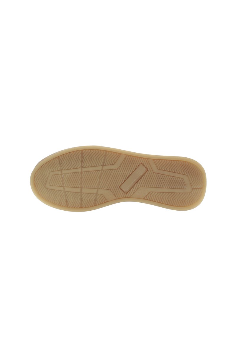 Schuhsohle mit beige-gummierten Profil, das Zickzack- und geometrische Muster für Traktion und Grip aufweist.