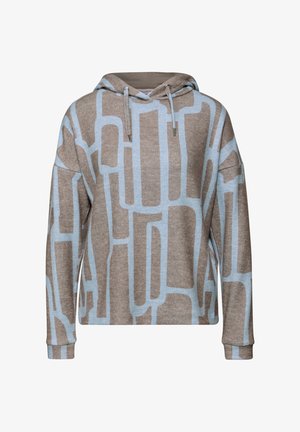 Brun huvtröja med ljusblått geometriskt mönster. Utrustad med huva med snörning och ribbade muddar. Mjuk tygkvalitet med en avslappnad passform.