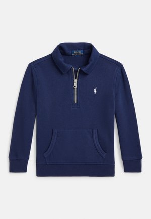 Marineblauwe pullover met ritssluiting bij de kraag, lange mouwen, voorzak in kangaroestijl en een klein geborduurd logo op de borst.