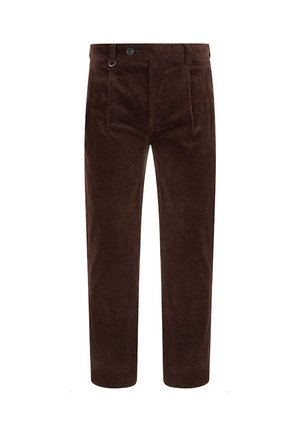 Brązowe spodnie sztruksowe o prostym kroju nogawki, z dwoma przednimi kieszeniami, zapięciem na guziki i wyraźnie widocznym prążkowanym fakturą.