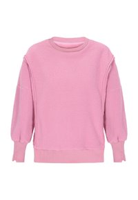 Sweatshirt in pile rosa con collo a giro, spalle basse e polsini a costine. Il tessuto presenta un'aspetto morbido e testurizzato.