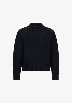 Maglione nero lavorato a maglia con un motivo testurizzato, colletto alto e polsini e orlo a coste. Presenta una vestibilità comoda e nessun logo visibile.