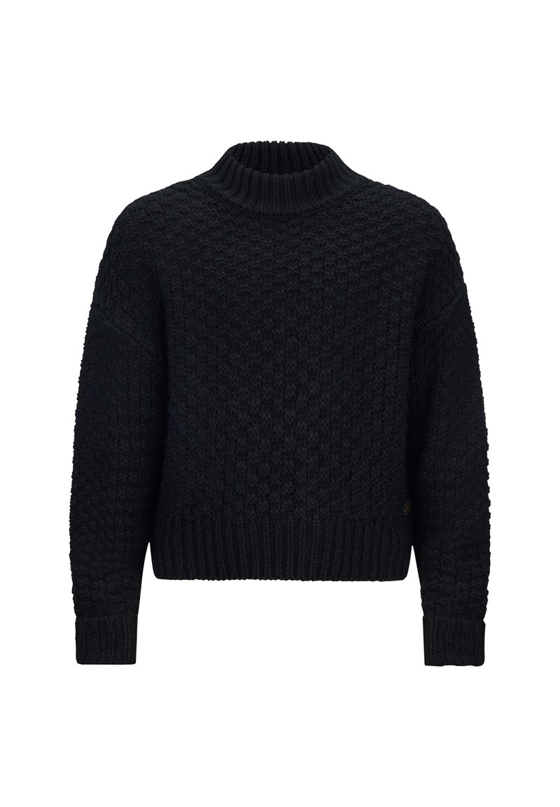 Schwarzer Strickpullover mit strukturiertem Muster, hohem Kragen und gerippten Säumen. Hat eine lockere Passform und keine sichtbaren Logos.