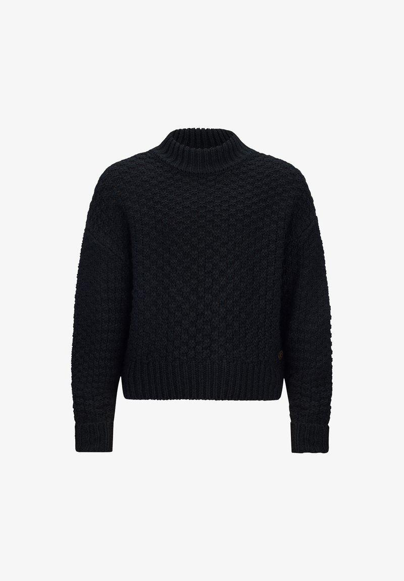 Schwarzer Strickpullover mit strukturiertem Muster, hohem Kragen und gerippten Säumen. Hat eine lockere Passform und keine sichtbaren Logos.