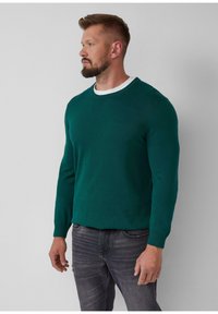 Grüner Strickpullover mit Rundhalsausschnitt, langen Ärmeln und einem dezenten Markenlogo. Getragen über einem weißen Unterhemd, kombiniert mit grauen Jeans.