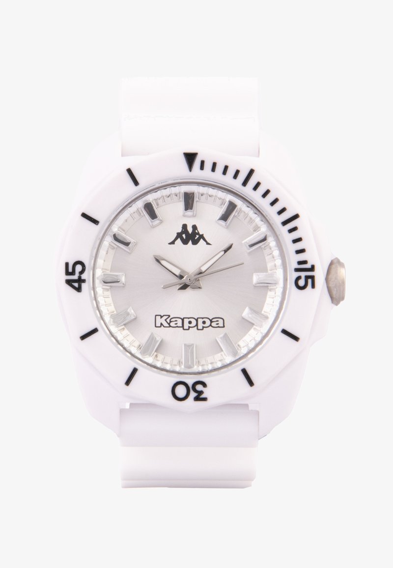 Vit gummiklocka med rund urtavla, silverfärgad urtavla, svarta timmarkörer och en Kappa-logotyp. Har en krona i rostfritt stål och glänsande detaljer.