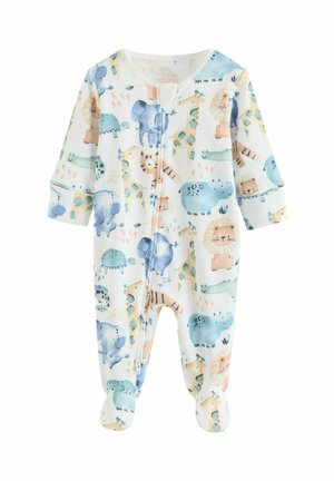 Baumwoll-Strampler für Babys mit langen Ärmeln, versehen mit einem mehrfarbigen Tiermuster in sanften Pastelltönen. Reißverschluss vorne und mit geschlossenen Füßen.