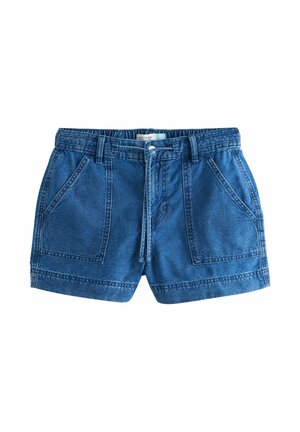 Utility-Shorts aus denimblauem Stoff mit elastischem Bund, vorderer Knopfleiste und Kordelzugverschluss, großen Vordertaschen und abgenähten Saumdetails.