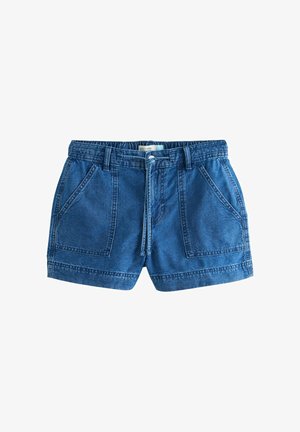 Pantaloni scurți utilitari din denim albastru cu talie elastică, închidere frontală cu nasturi și șnur, buzunare mari în față și detalii cusute la tiv.