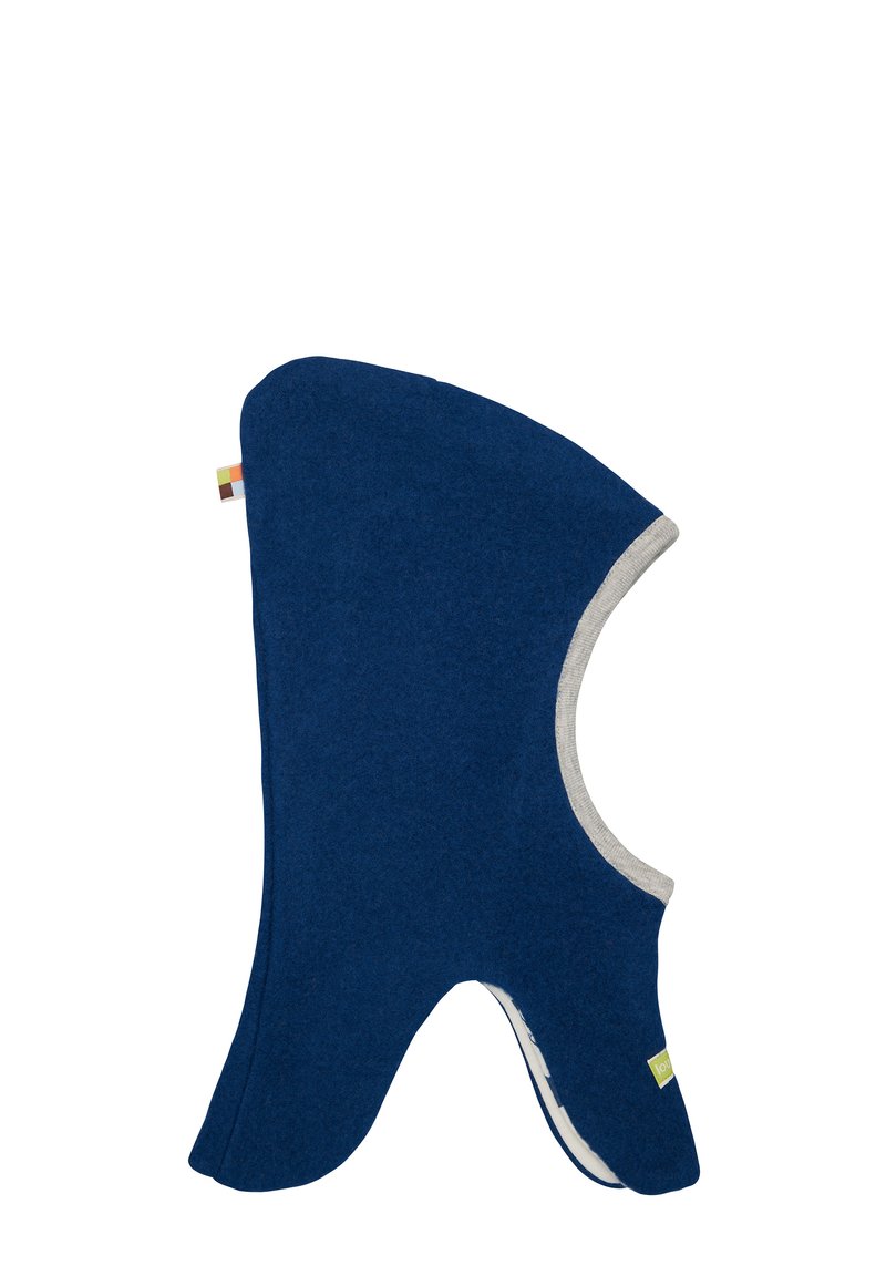 Balaclava in pile blu con fodera interna grigia. Presenta una forma unica, coprendo testa e collo, con un'etichetta sul lato. Texture liscia.