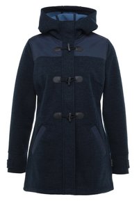 Marinblå huvad kappa i texturerat tyg med svarta knappspännen, två sidofickor och ett kontrasterande blått innerfoder.