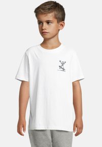 Balta kokvilnas T-kreklā ir pelēks grafiskais attēls ar multfilmu varoni, kurš brauc uzskeitbordā. Īsas piedurknes un apaļa kakla izgriezuma forma.