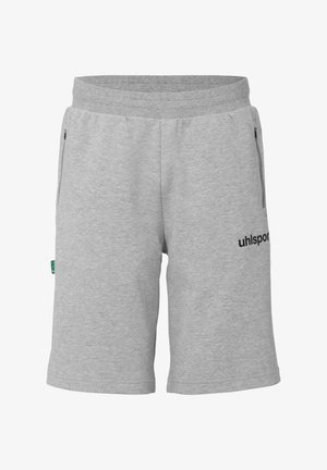 Gray cotton shorts with a smooth texture, featuring side pockets and a black logo on the front. Elastic waistband for comfort.