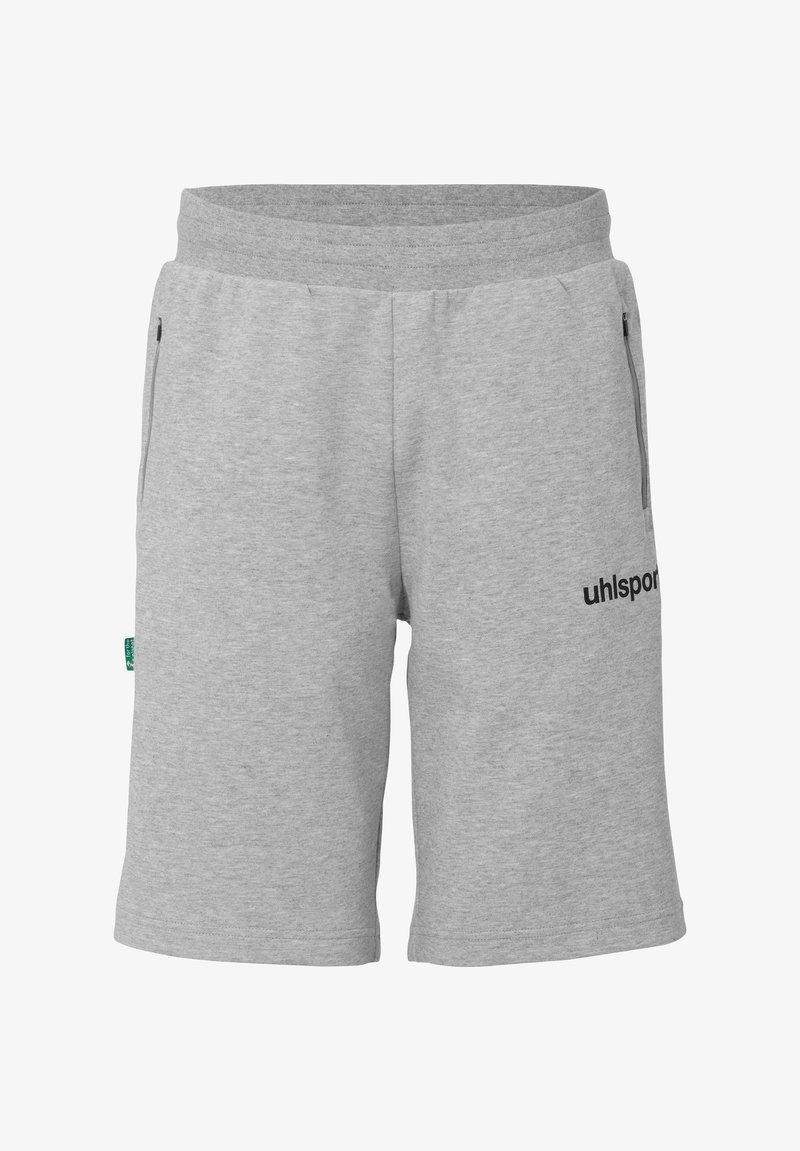 Shorts en coton gris avec une texture lisse, dotés de poches latérales et d'un logo noir à l'avant. Taille élastique pour un confort optimal.