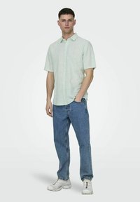 Kurzarmhemd mit Knöpfen in Hellgrün mit weißen Streifen, kombiniert mit blauen Jeans und weißen Turnschuhen, vor einem neutralen Hintergrund stehend.
